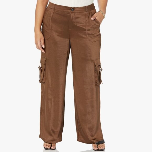 The Drop, Women's Chocolate Brown Satin Cargo Pants Size XL, NWT - Picture 1 of 9